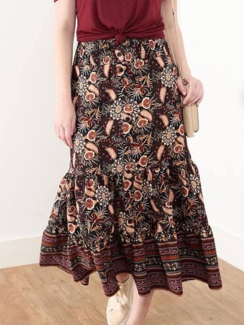 cleo Floral Tiered Maxi Skirt in Black and Rust